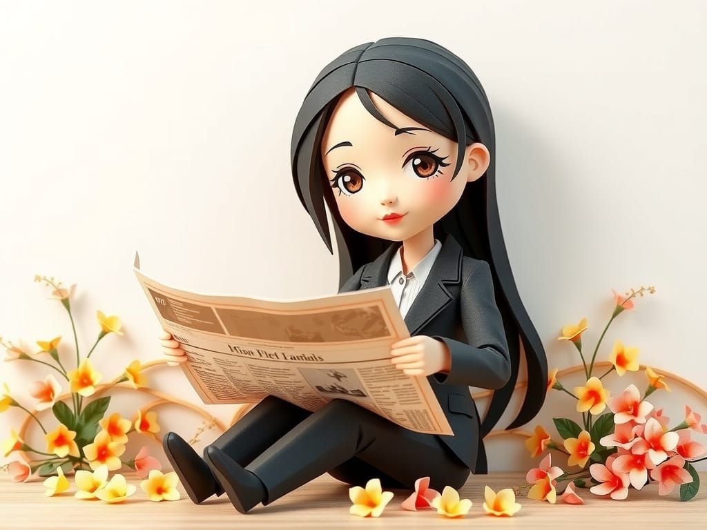Origami Girl in Elegant Suit Reads Newspapers, Paper-Cut Sty...