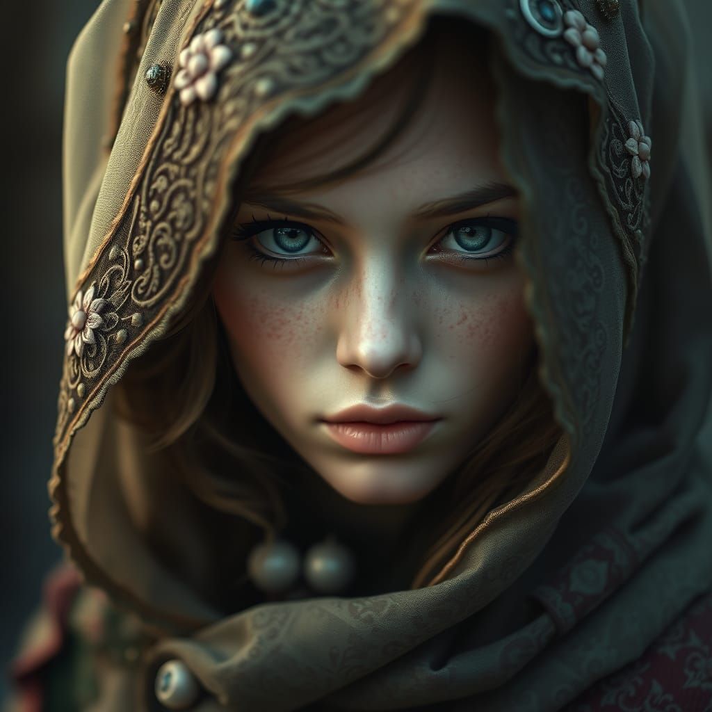 Enigmatic Woman with Ornate Hood, Trending on Artstation