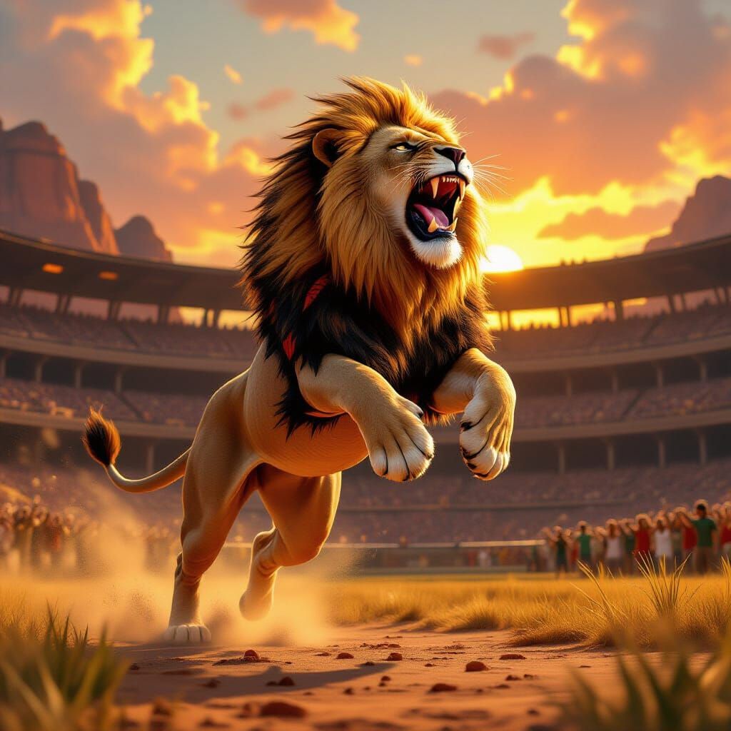 Majestic Lion Roars in Tribal Savanna Arena