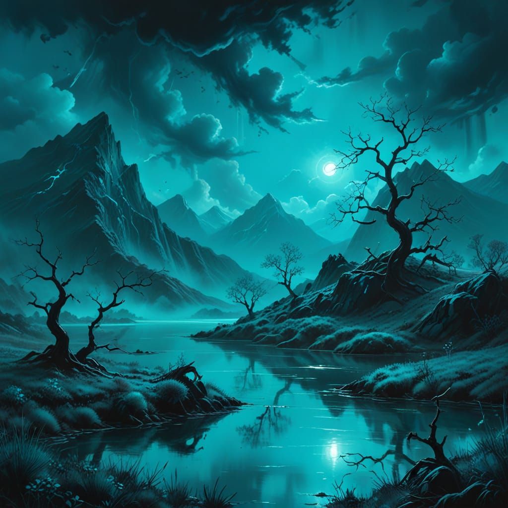Surreal Turquoise Landscape in Dreamlike Oil Painting