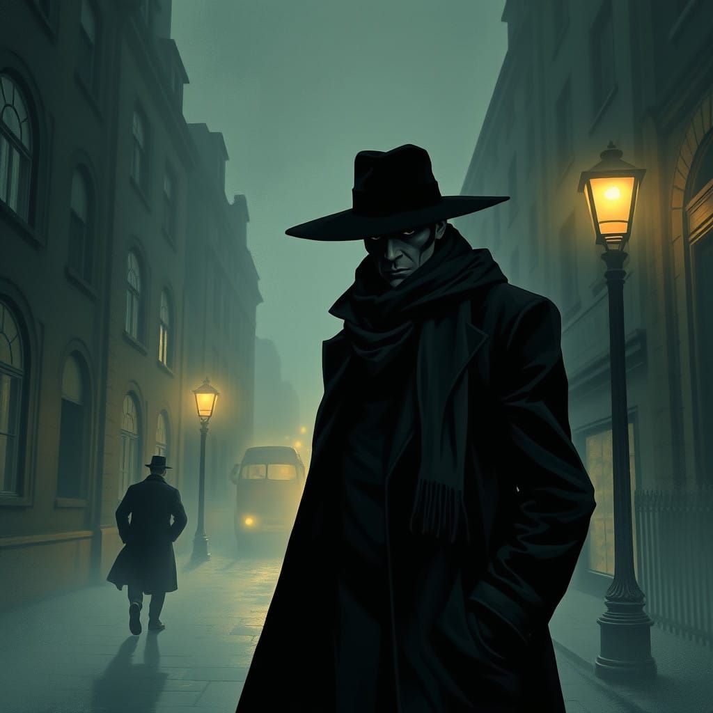 Stealthy Figure Emerges from Victorian London Fog in Dark, N...