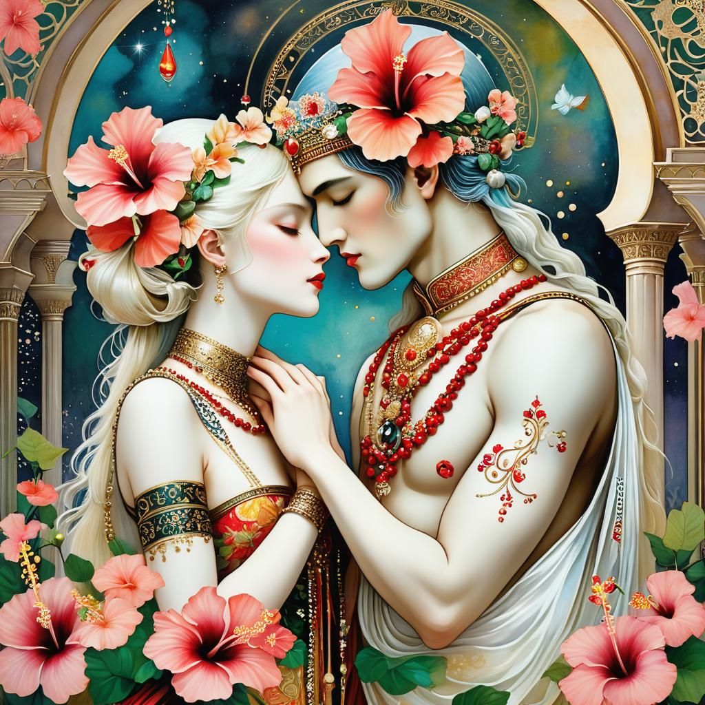 Surreal Hibiscus Taj Mahal in Art Nouveau Style