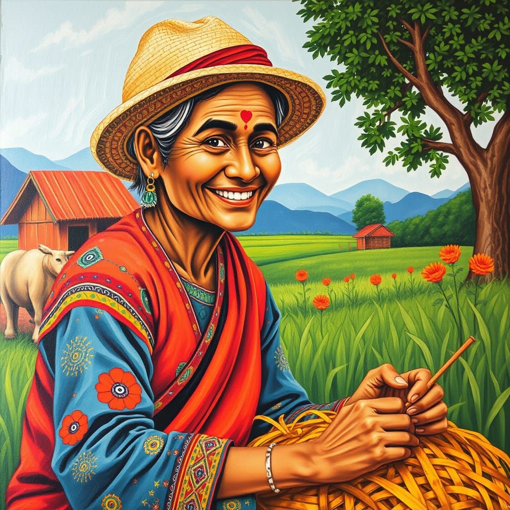 Madhubani painting happy Nepalese farmer
