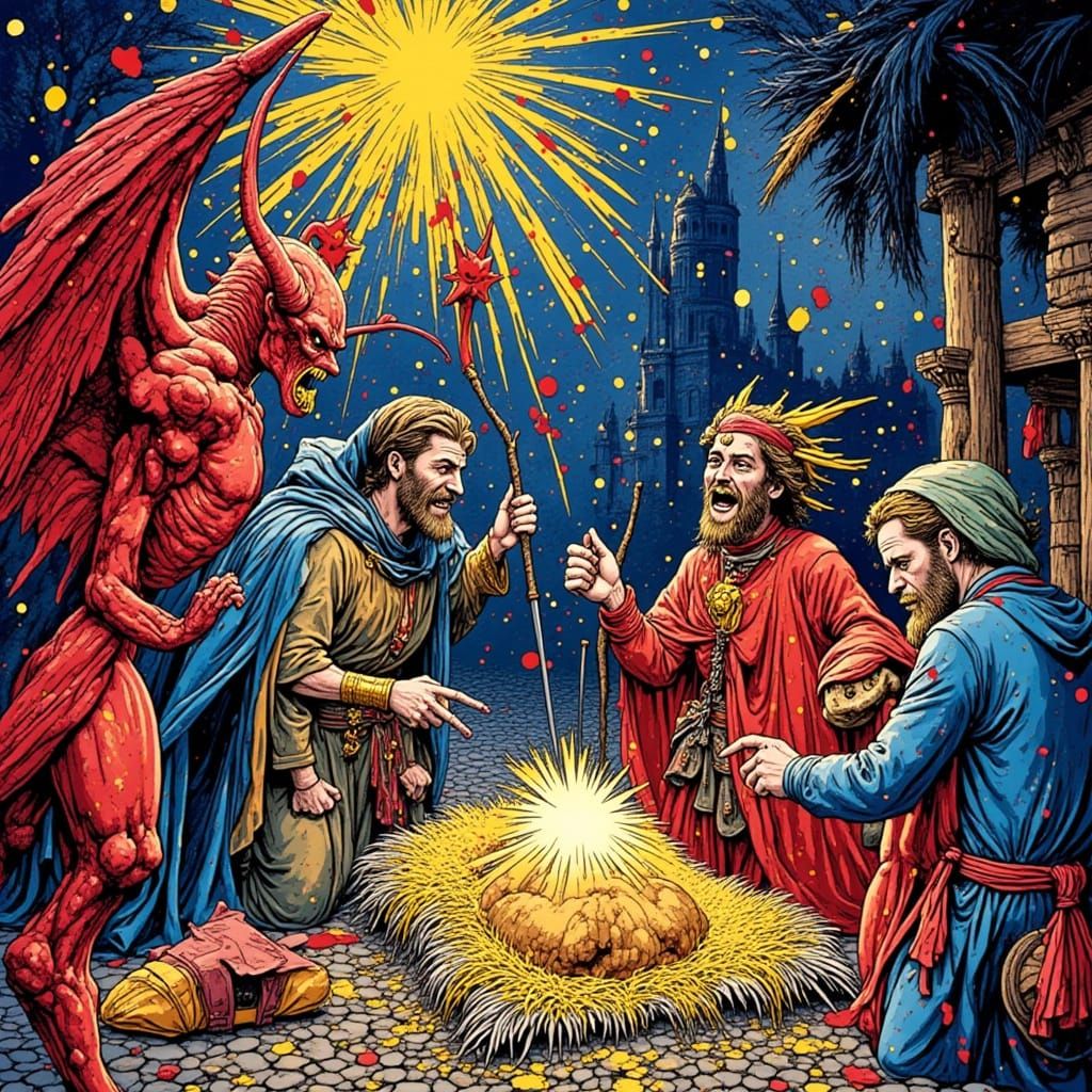 Demonic Nativity Scene in Vibrant Watercolor Style