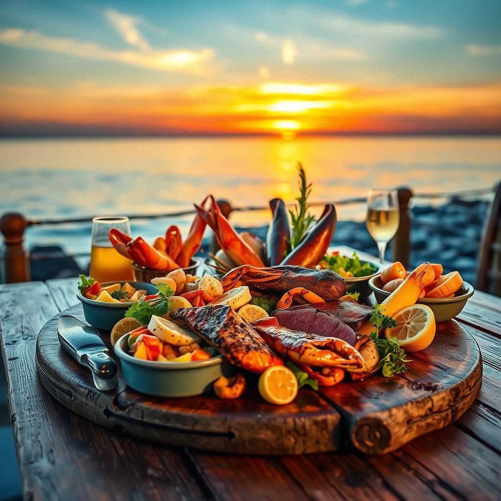 Seafood and Steak Feast at Sunset, in Whimsical Style