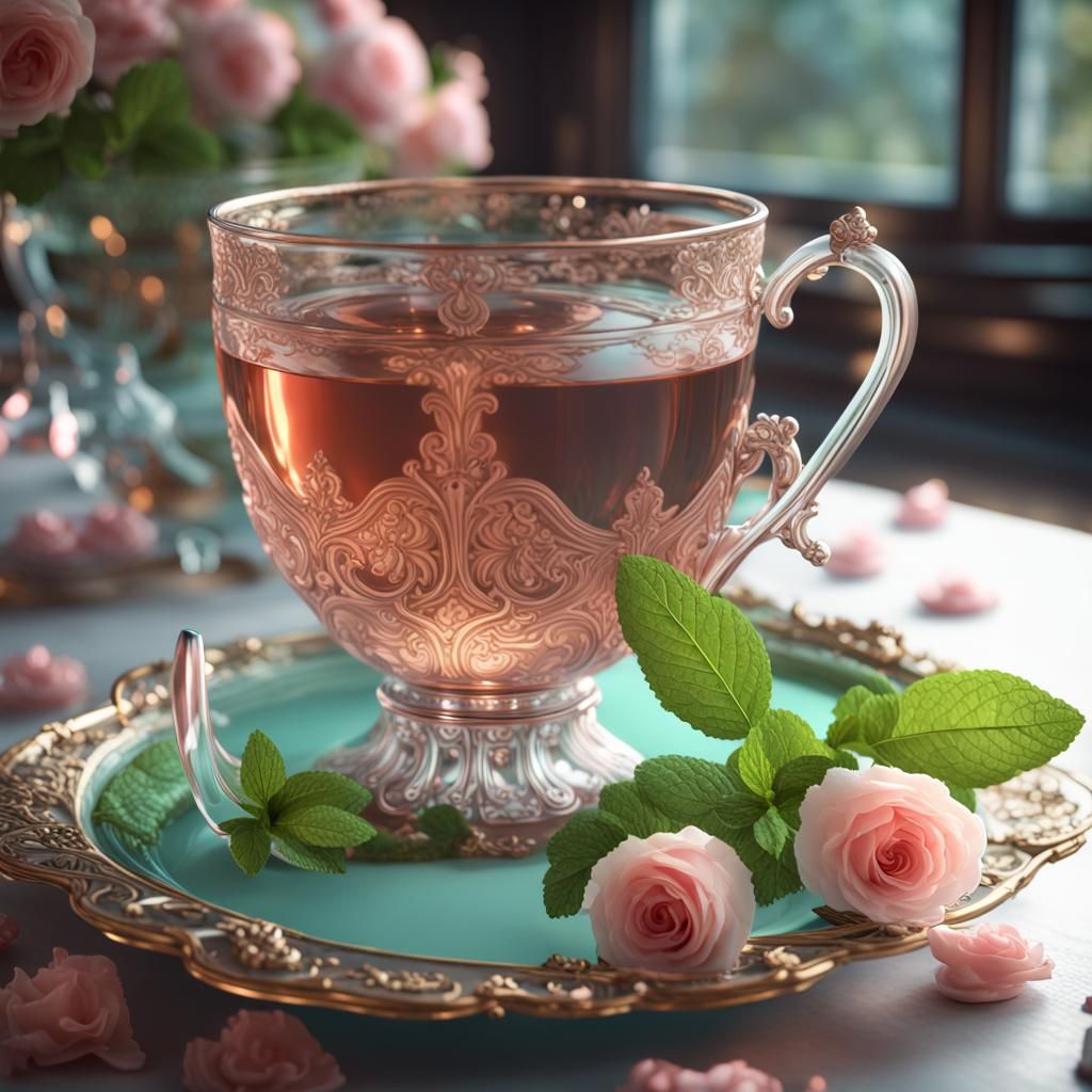 Mint and Rose Tea with Rococo Food, 3D Render