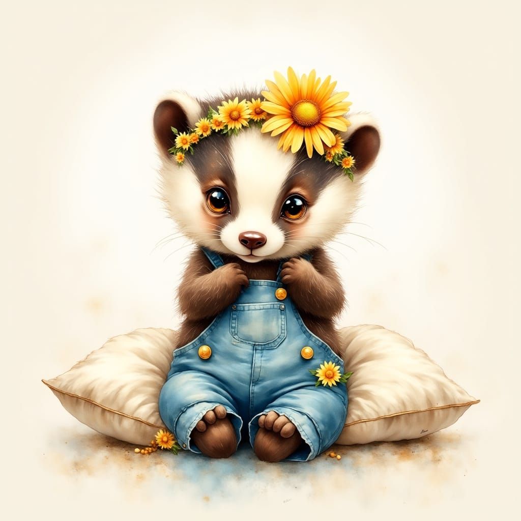 Whimsical Badger in Floral Headband and Jean Overalls