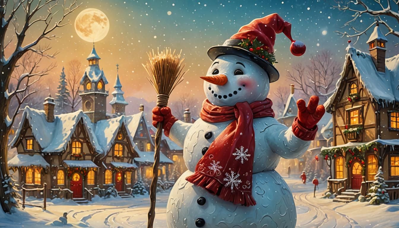 Whimsical Christmas Scene in Folk Art Style