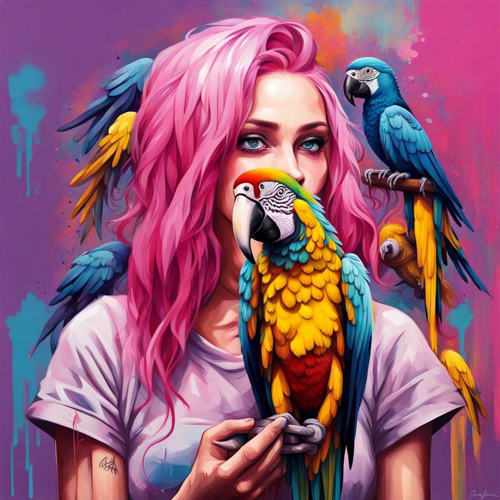 Woman with Macaw in Graffiti Splash Art Style