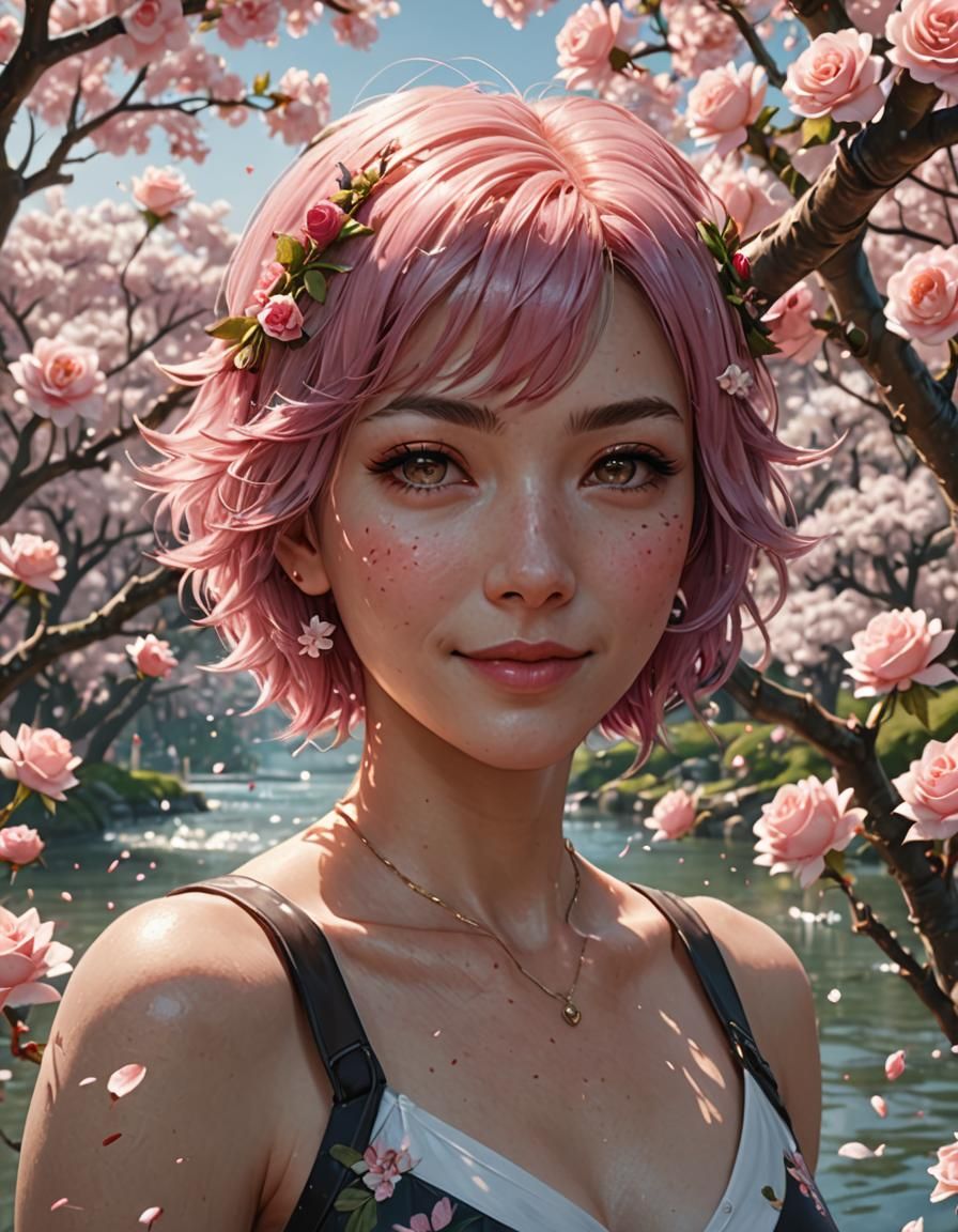 Pink-Haired Girl with Roses and Cherry Blossoms