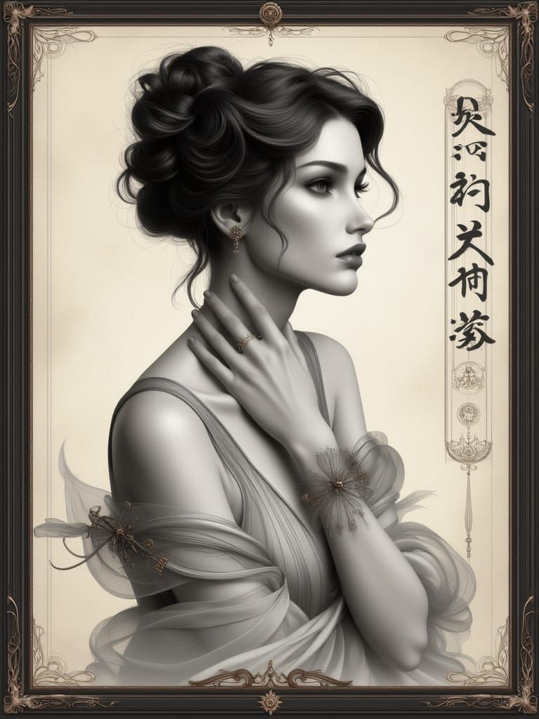 Elegant Art Nouveau Woman in Monochromatic Dreamscapes