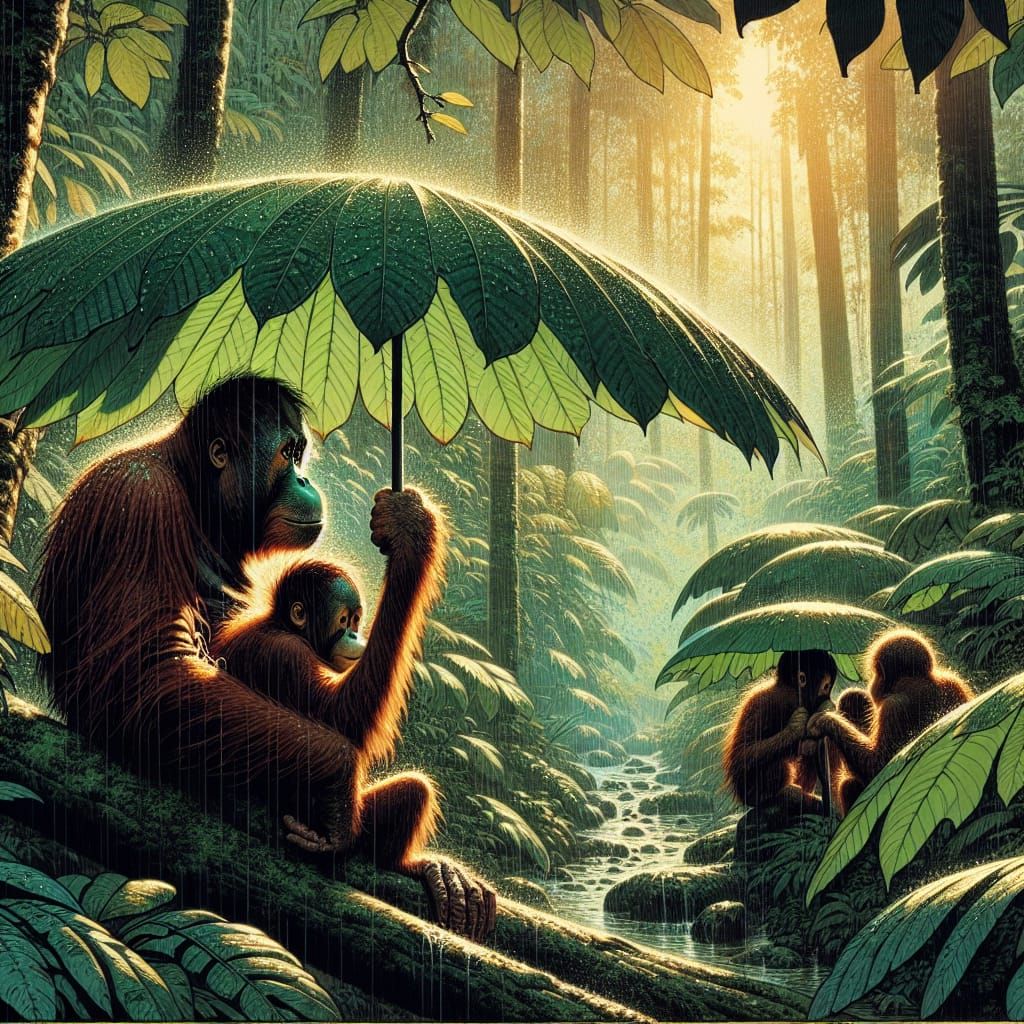 Orangutan Youngsters Find Shelter in Jungle Leaves Under Tro...