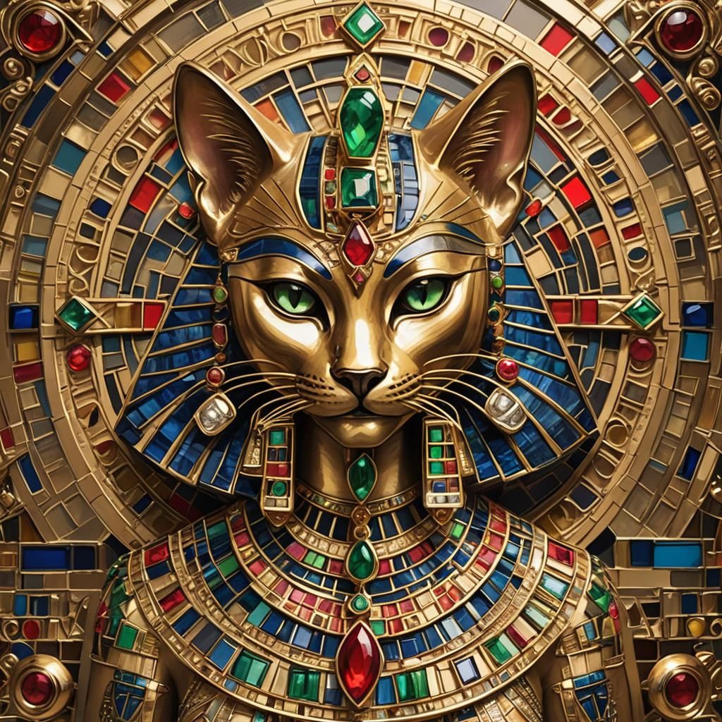 Egyptian Goddess Bastet Brooch in Gold and Gems