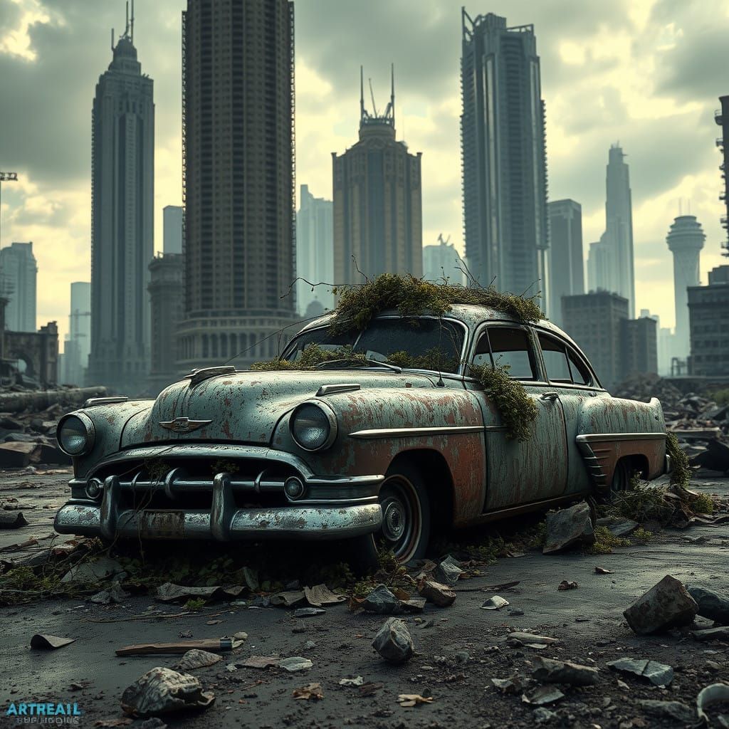 Abandoned Vintage Car in a Ghostly Metropolis