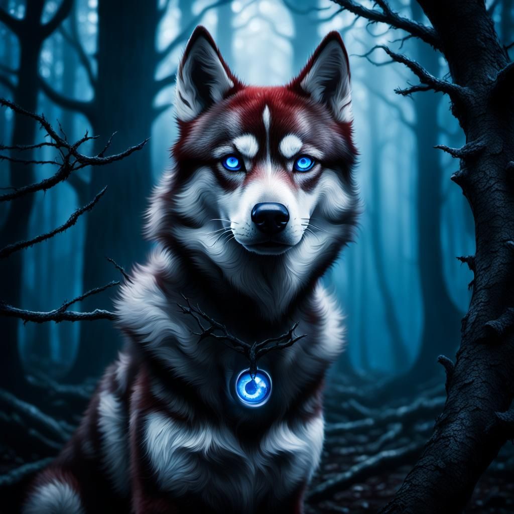 Red Husky's Haunting Gaze in Dark Fantasy Forest
