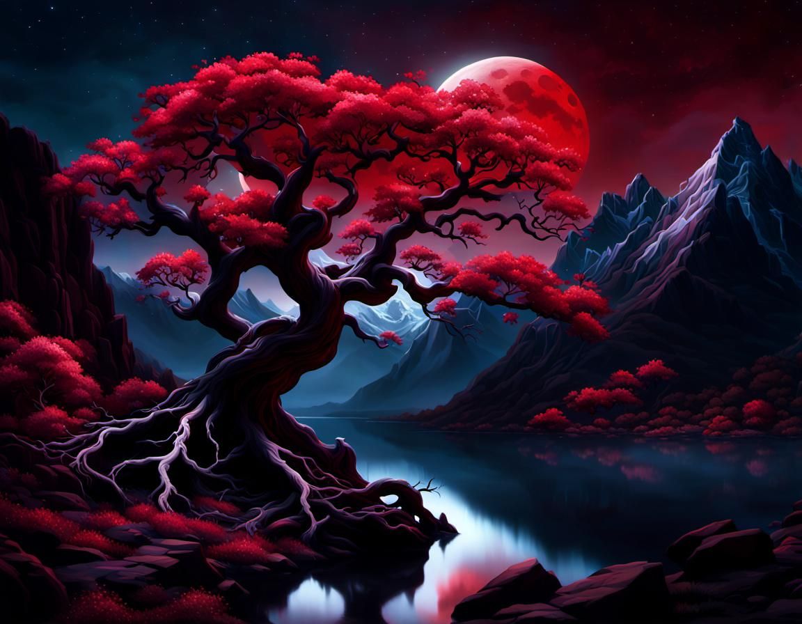 Red Moonlight Illuminates Ethereal Mountain Landscape