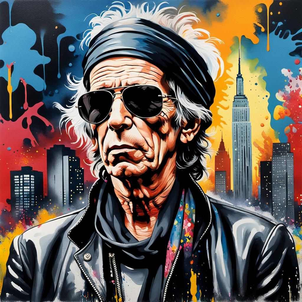 Keith Richards Pop Art Portrait with Acrylic Paint Drips