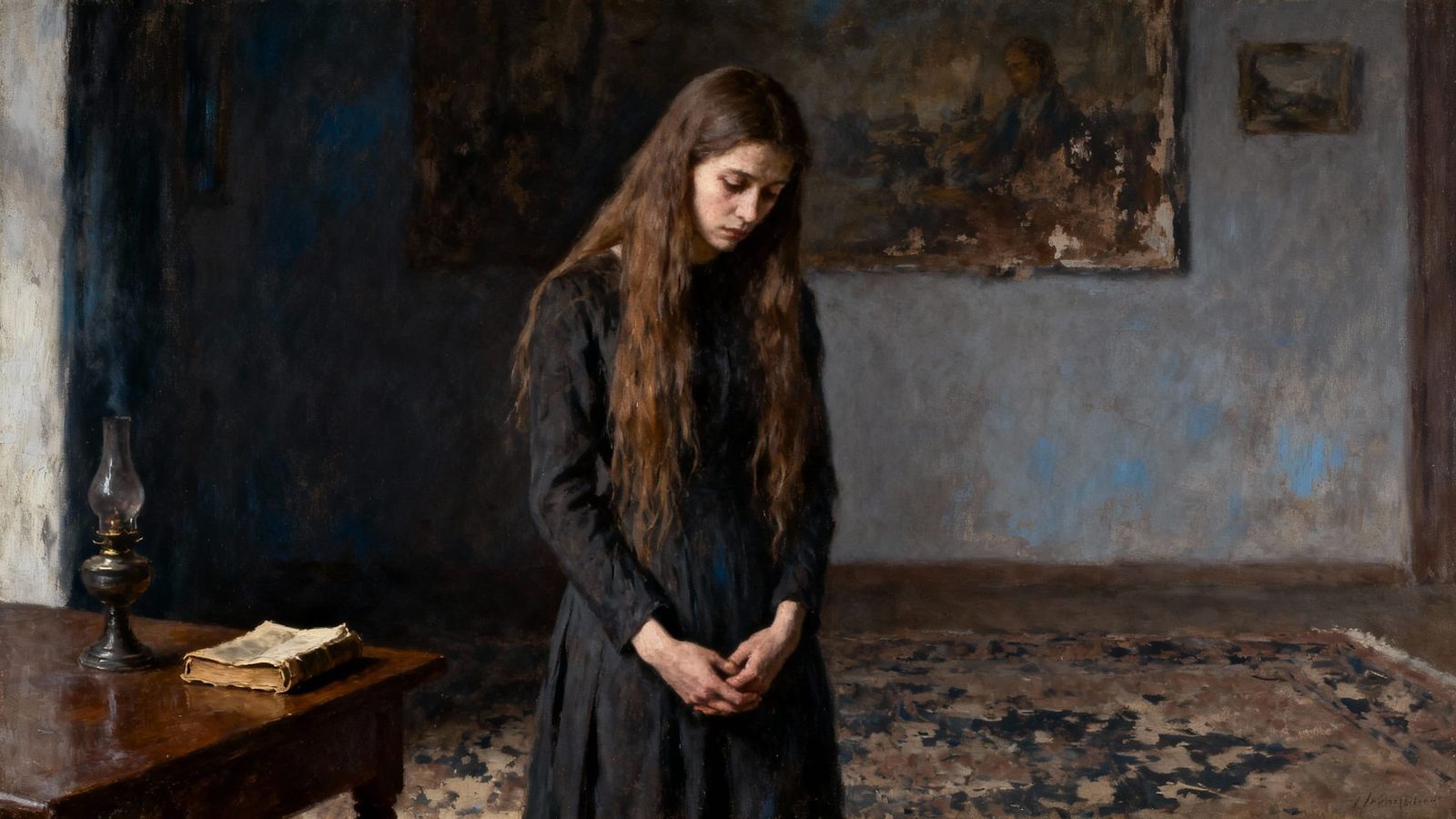 Figure Drawn to Glowing Portal in Ancient Hall