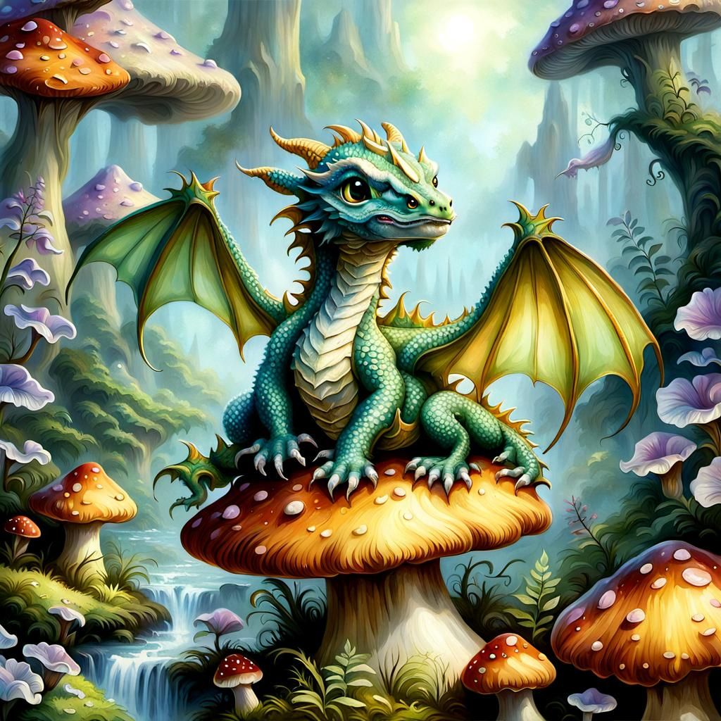 Adorable Baby Dragon on Mushroom, Ethereal Fantasy Art