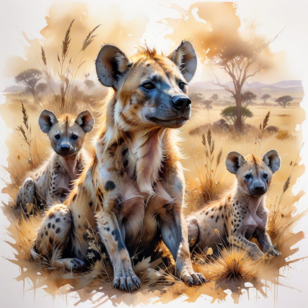 Hyena Family Resting in Golden Savannah, Watercolour Splashe...
