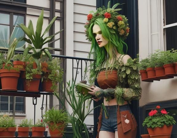 Plant Girl Balcony Scene as Colorful Ink Drawing