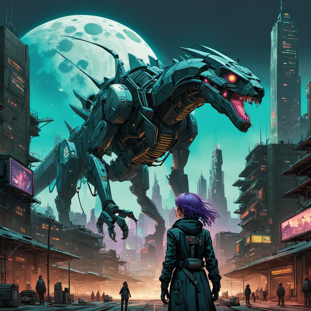 Cyberpunk Woman in Lunar Marketplace with Neon Accents