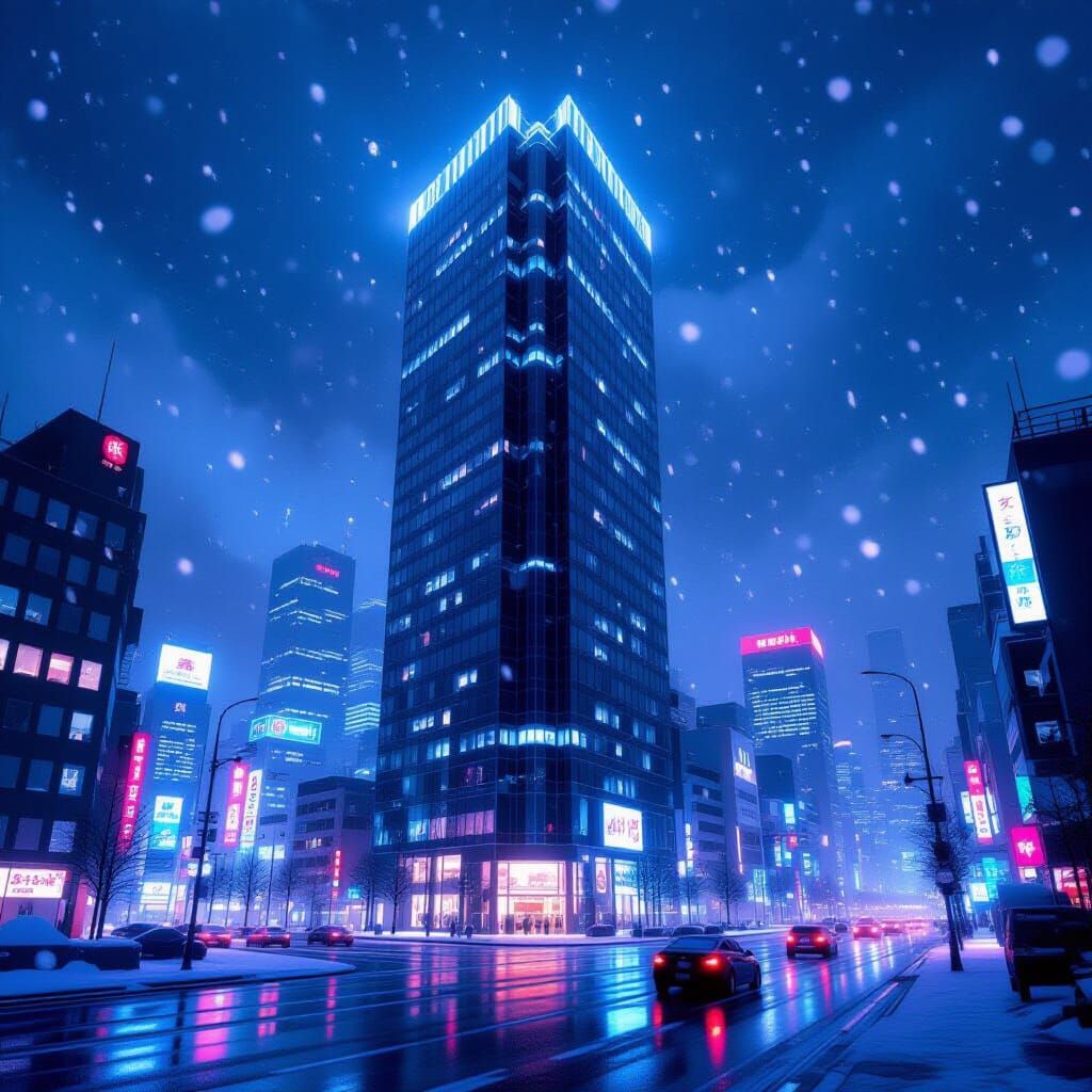 Mirror Skyscraper in Hokkaido Snowstorm: Futuristic Cityscap...