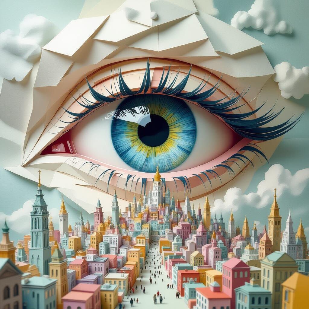 Surreal Papercraft City Watched By Giant Eye