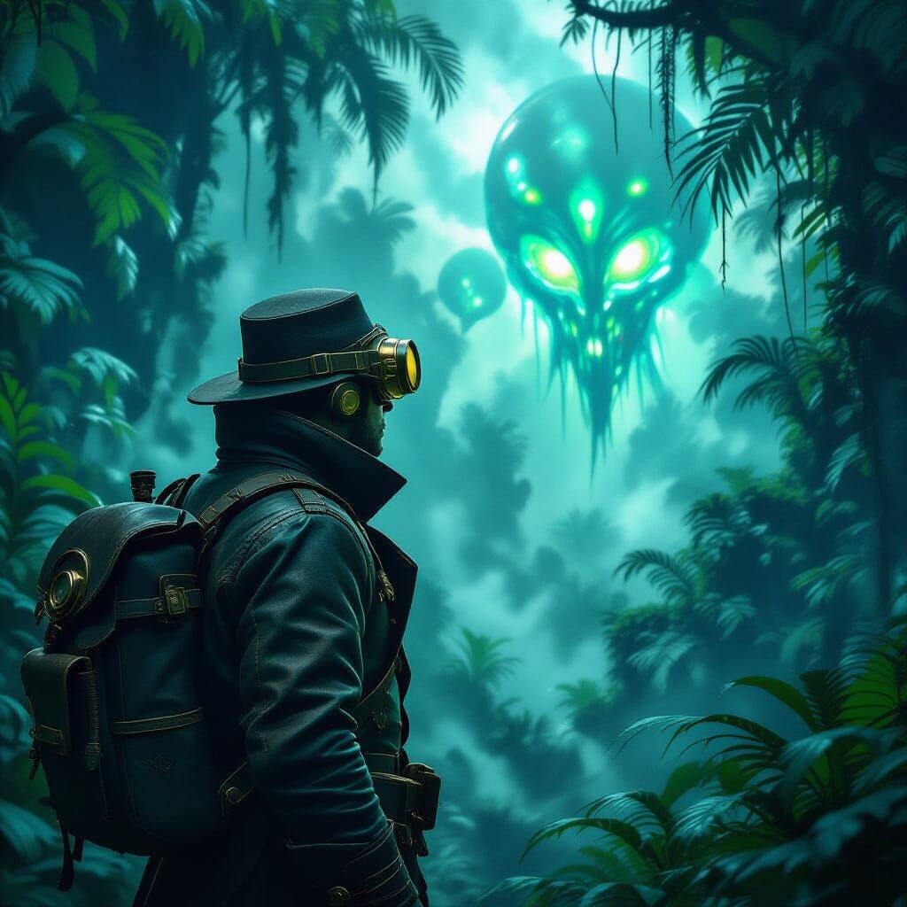 Explorer at Alien Jungle Edge, Surreal Haze, Airbrush Art