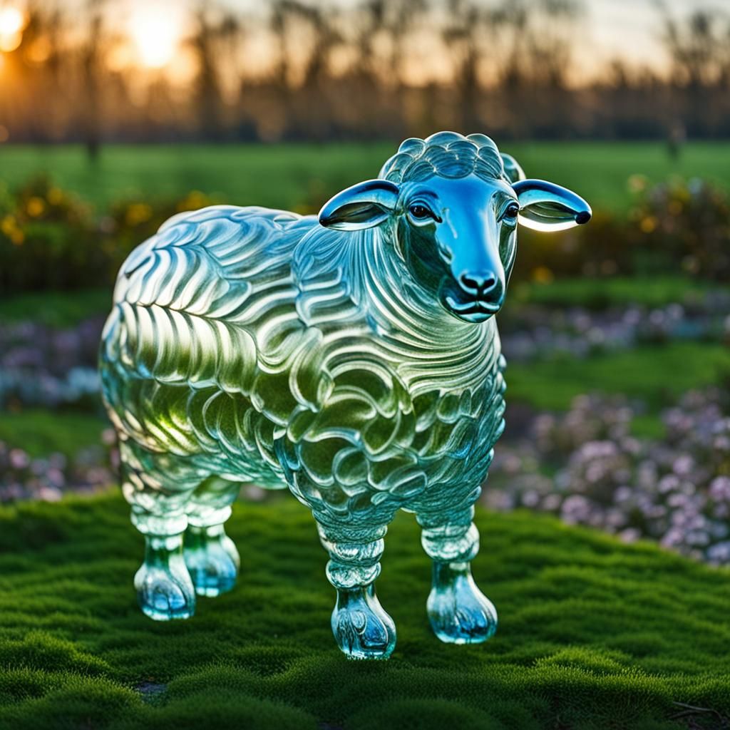 Ornamental Glass Sheep in a Field