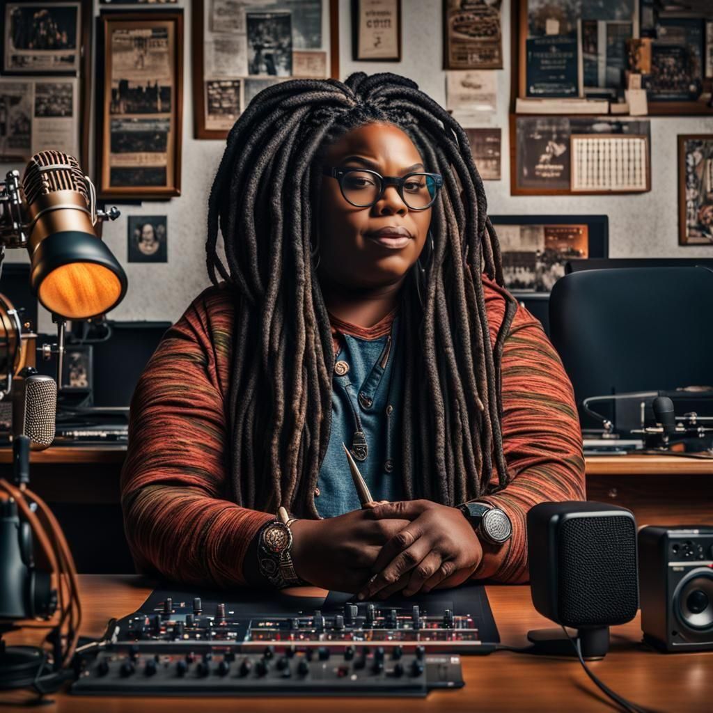 Podcast Recording with Live Music in Hyperrealistic Style