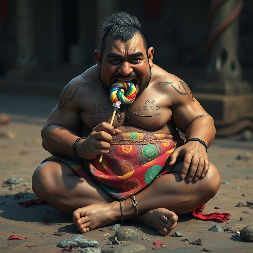 Comedic Sumotori Wrestler in Sorrowful Lollipop Regret