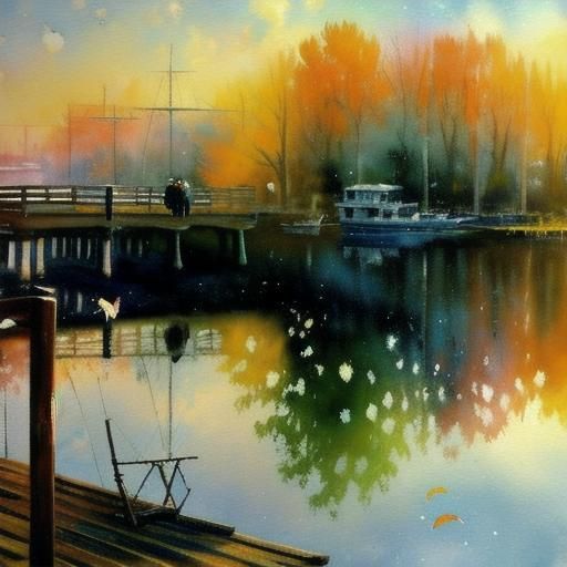 Fishermen on Pier: Impressionistic Watercolor Painting