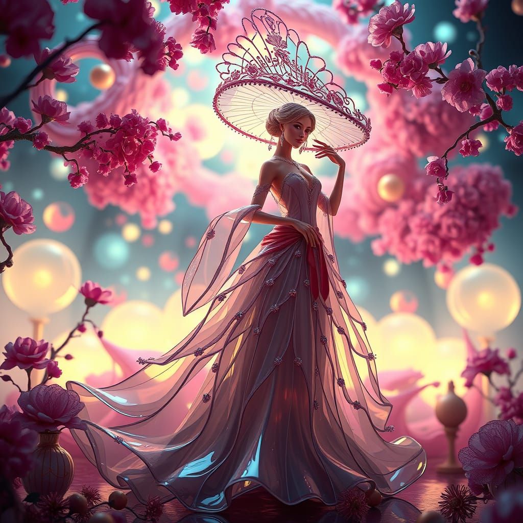 Ethereal Glass Sculpture of a Woman in Whimsical Fantasy Env...