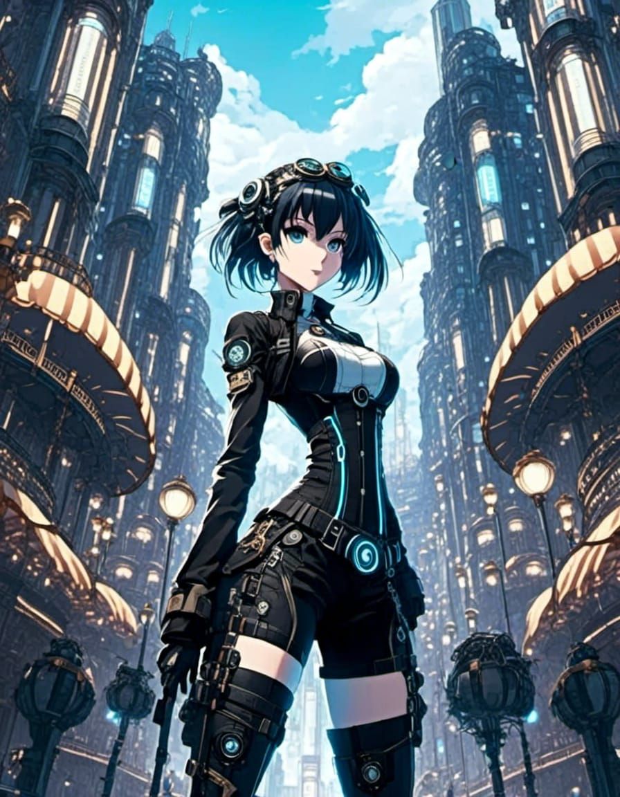 Low Aerial view of Anime female Goth Steampunk in city square <lora:Gridimation:1.0>