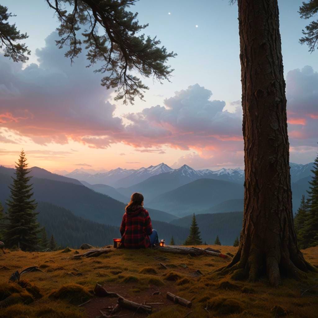 Brunette in Flannel Camping: Digital Matte Painting