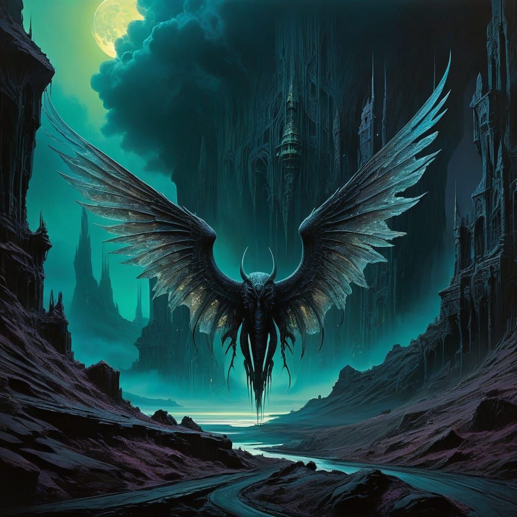 Ethereal Guardian at Cosmic Precipice in Surreal, Cyberpunk....