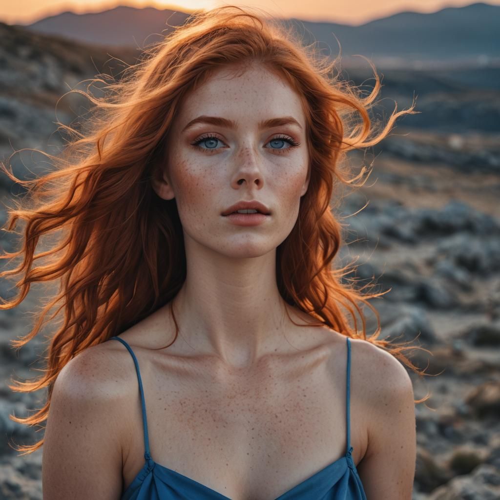 Sensual Redhead with Blue Eyes at Sunset