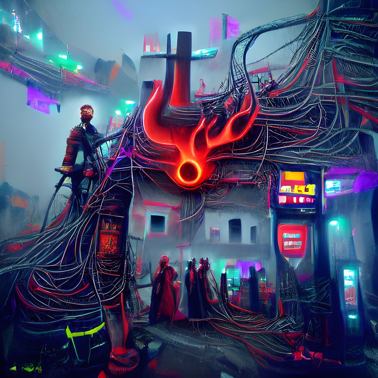 Medieval Castle in Hell with Cyberpunk Elements