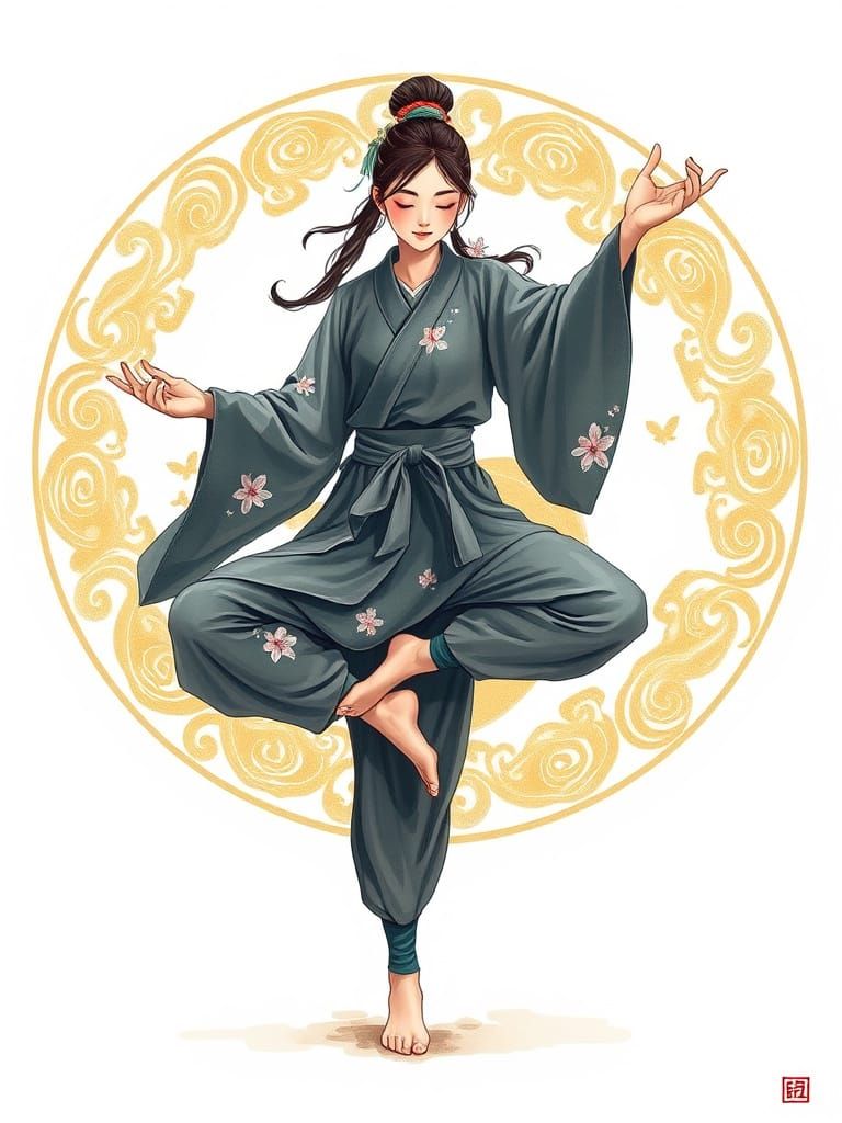 Serene Female Ninja in Elegant Yoga Pose, Embodied Balance a...