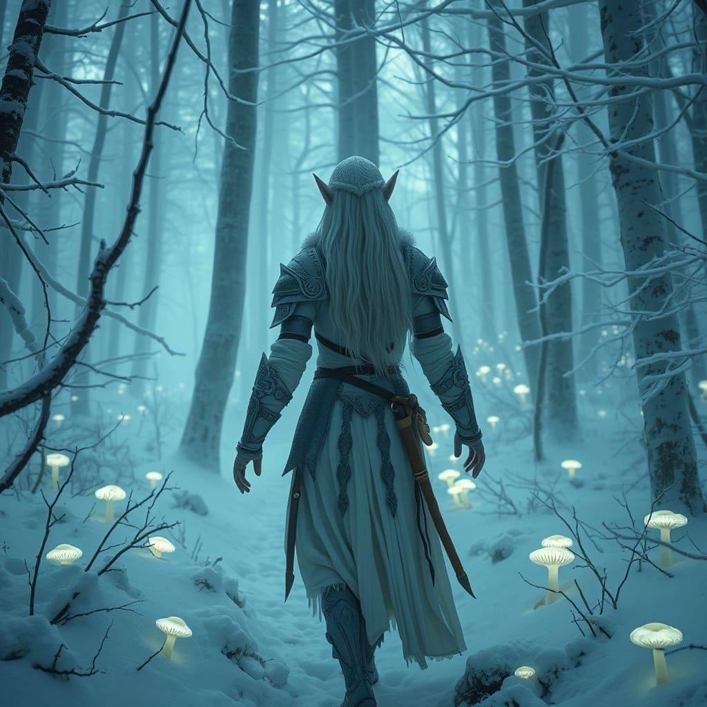 Snow Elf in Falmer Light Armor Walks Through Snowy Forest Un...