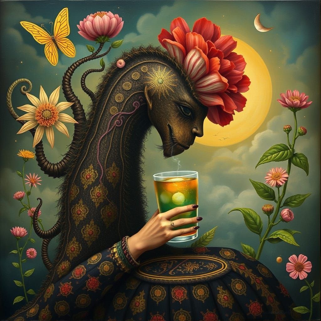Fantastical Flora Sipping Tea: A Surreal Oil Painting