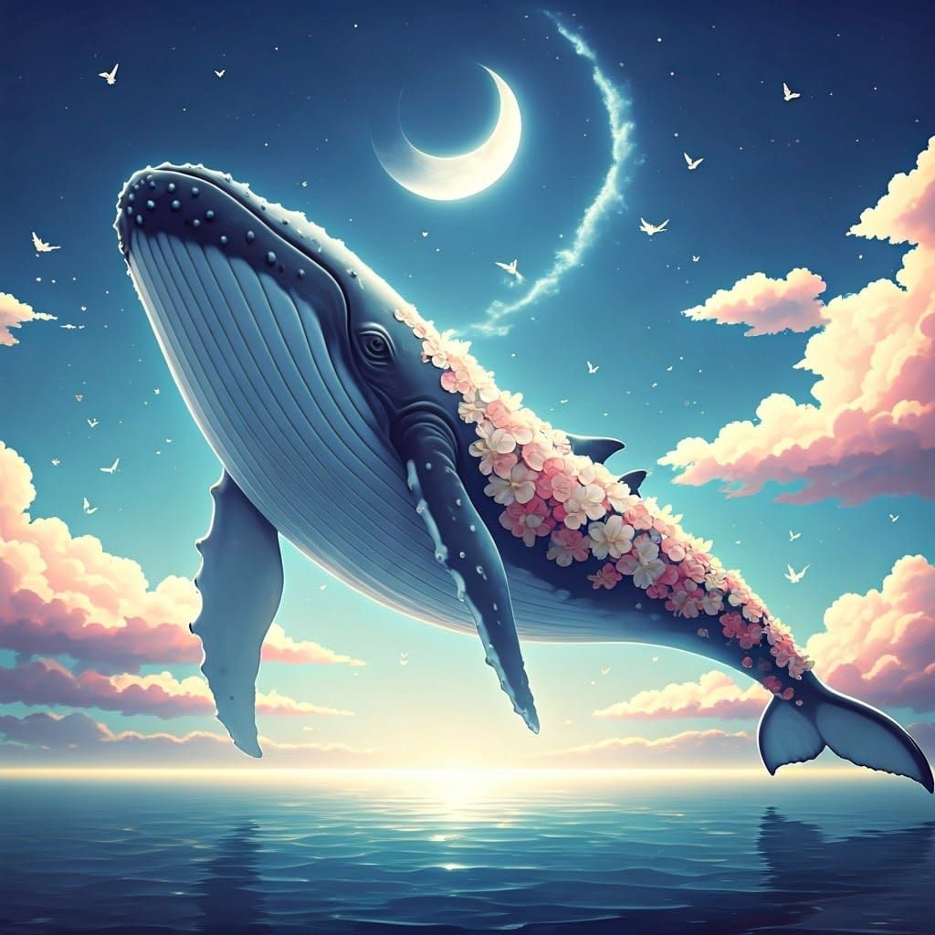 Whimsical Blue Whale in Ethereal Sky with Delicate Flowers