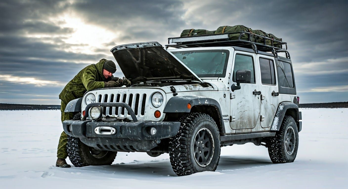Canadian Soldier Repairs Jeep in Winter Landscape
