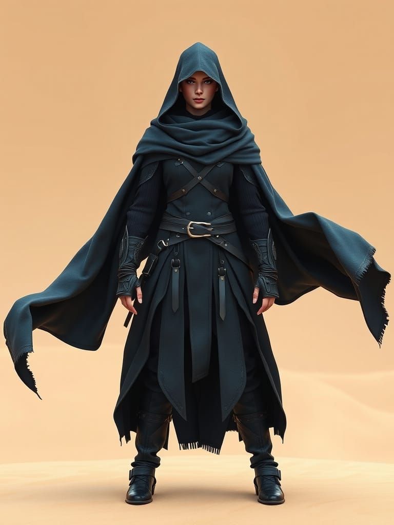 Ethereal Warrior Amidst Sandy Dunes in Dark, Mystical Attire