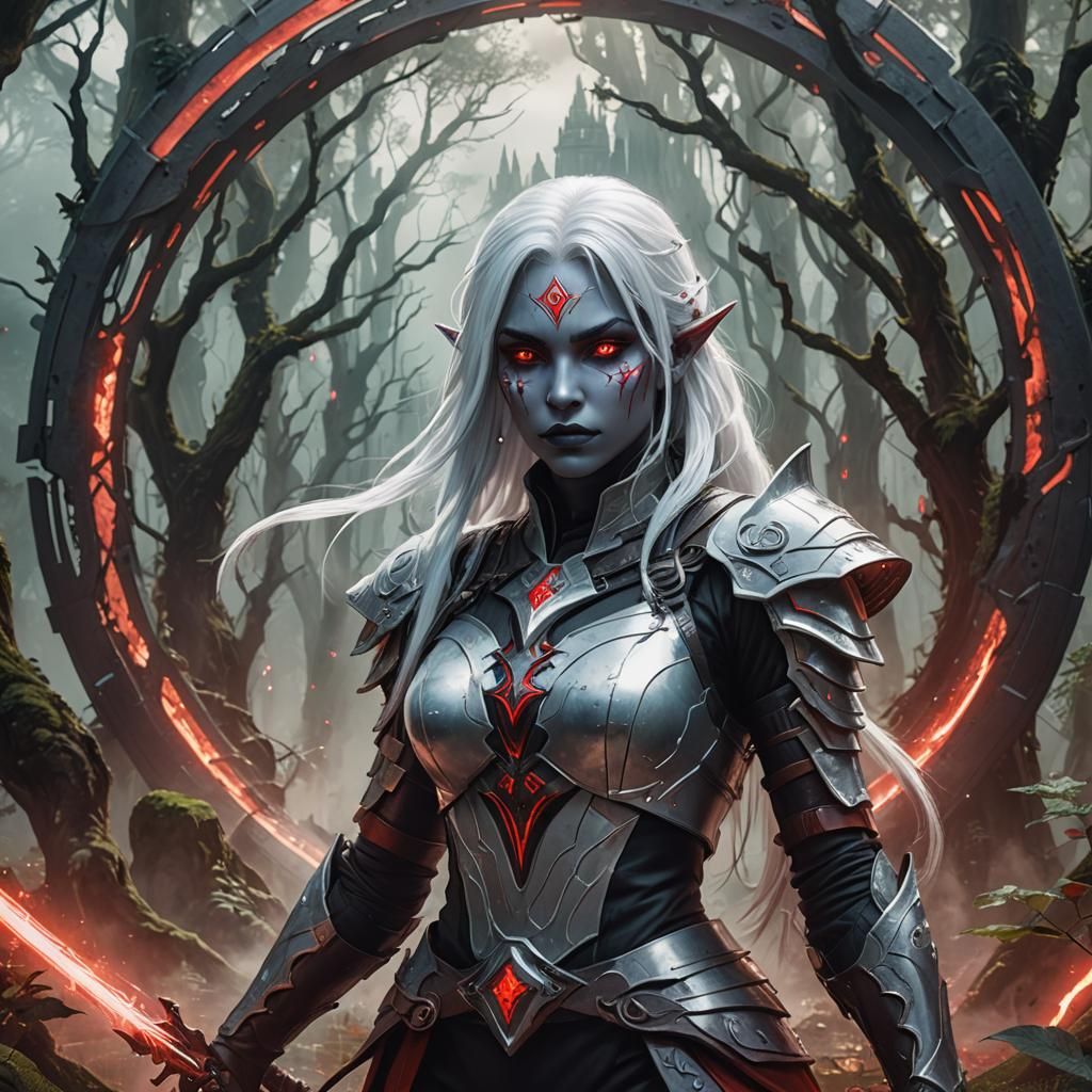 Sci-fi/fantasy concept of a beautiful white haired red eyed ...