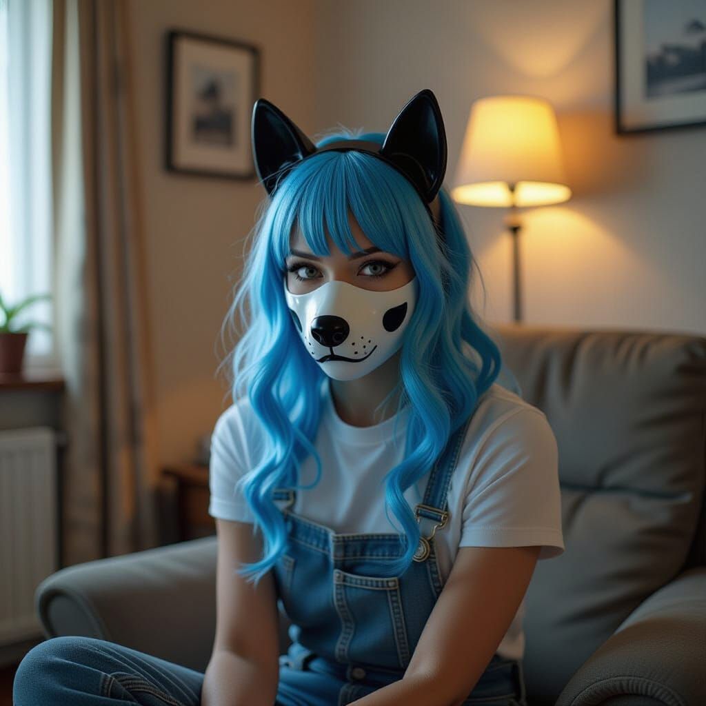 Girl with Blue Hair and Latex Mask in Room