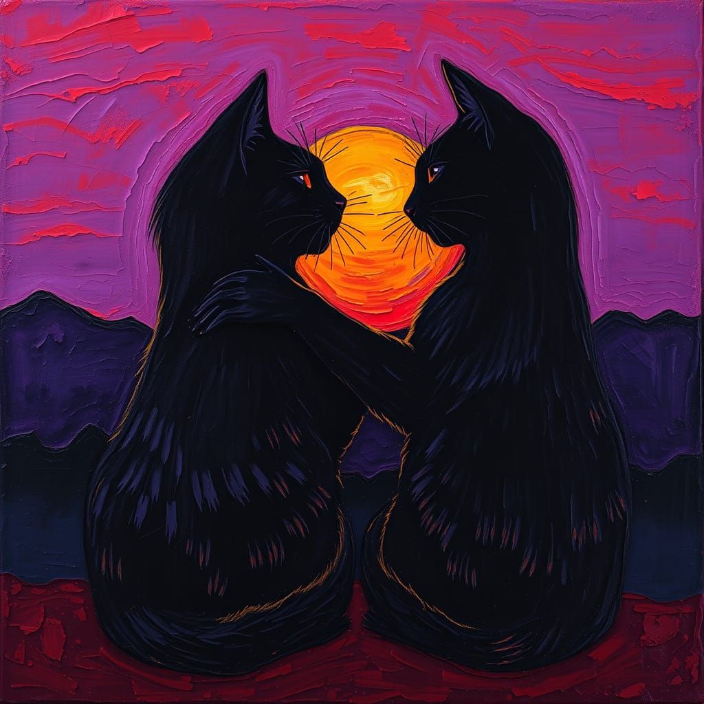 Emotive Encaustic Painting of Embracing Cat Silhouettes