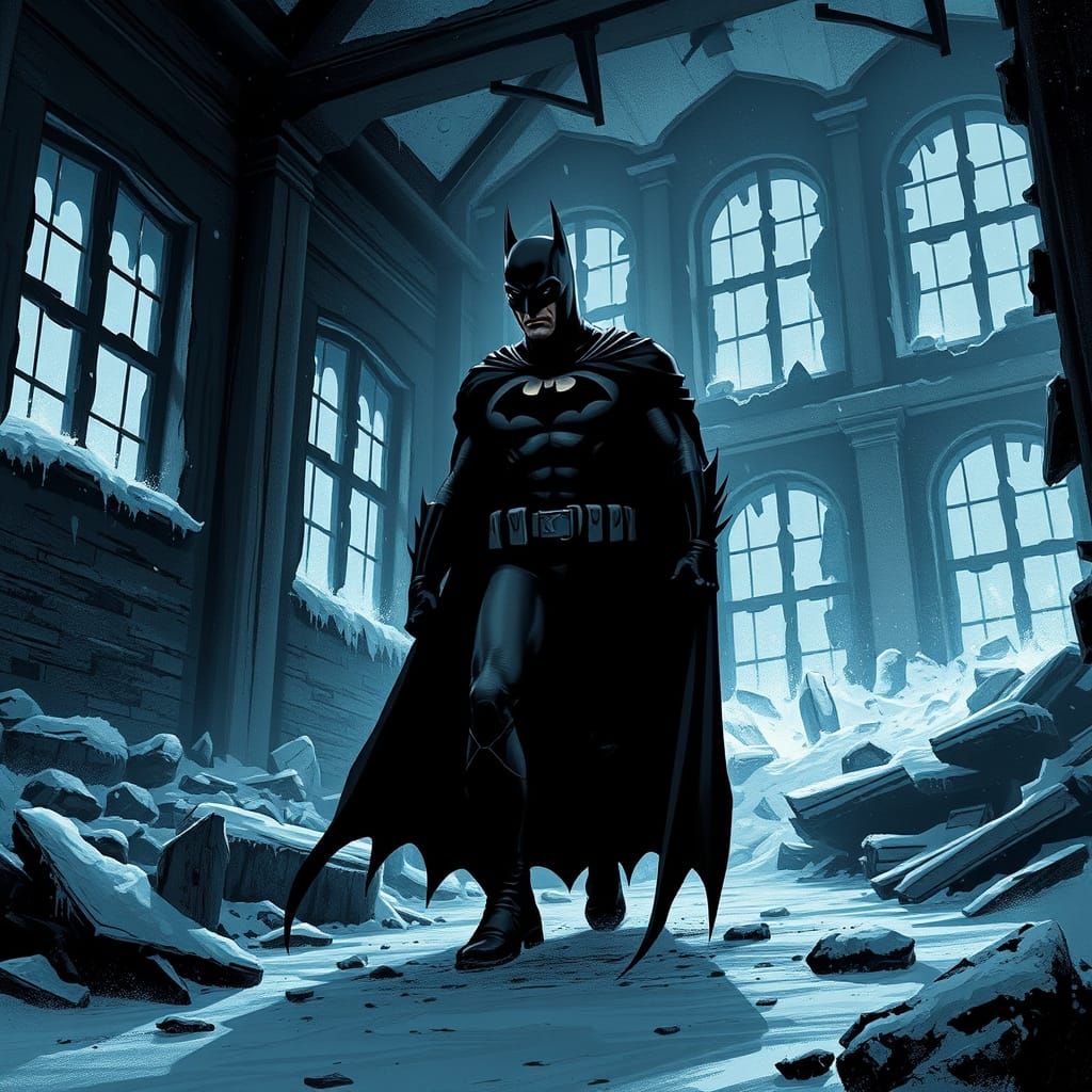 Batman Stealthily Explores Frozen Ruined Building