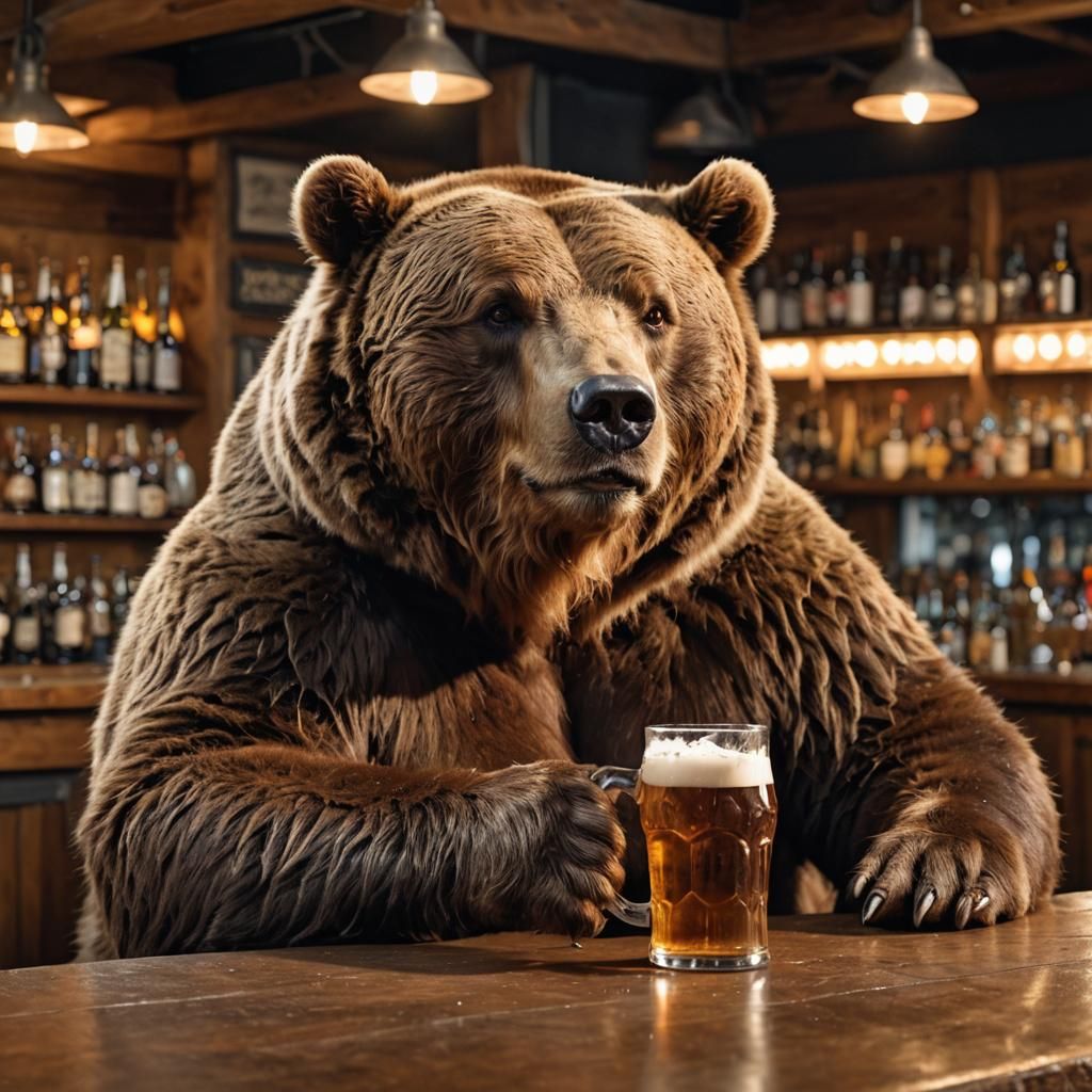 Obese Brown Bear Drinks Beer at Bar